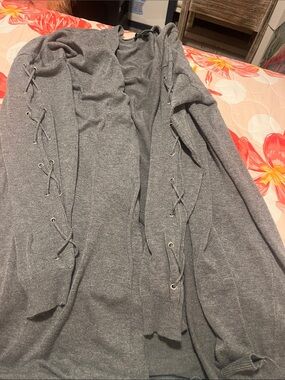 Relativity Gray Open Front Lace-Up Sleeve Cardigan